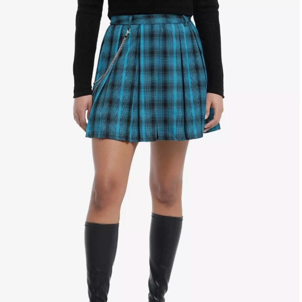 Hot Topic Plaid Pleated Mini Skirt Womens M Teal Punk Goth